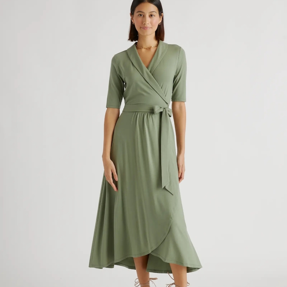 Quince Olive Green Wrap Midi Dress
